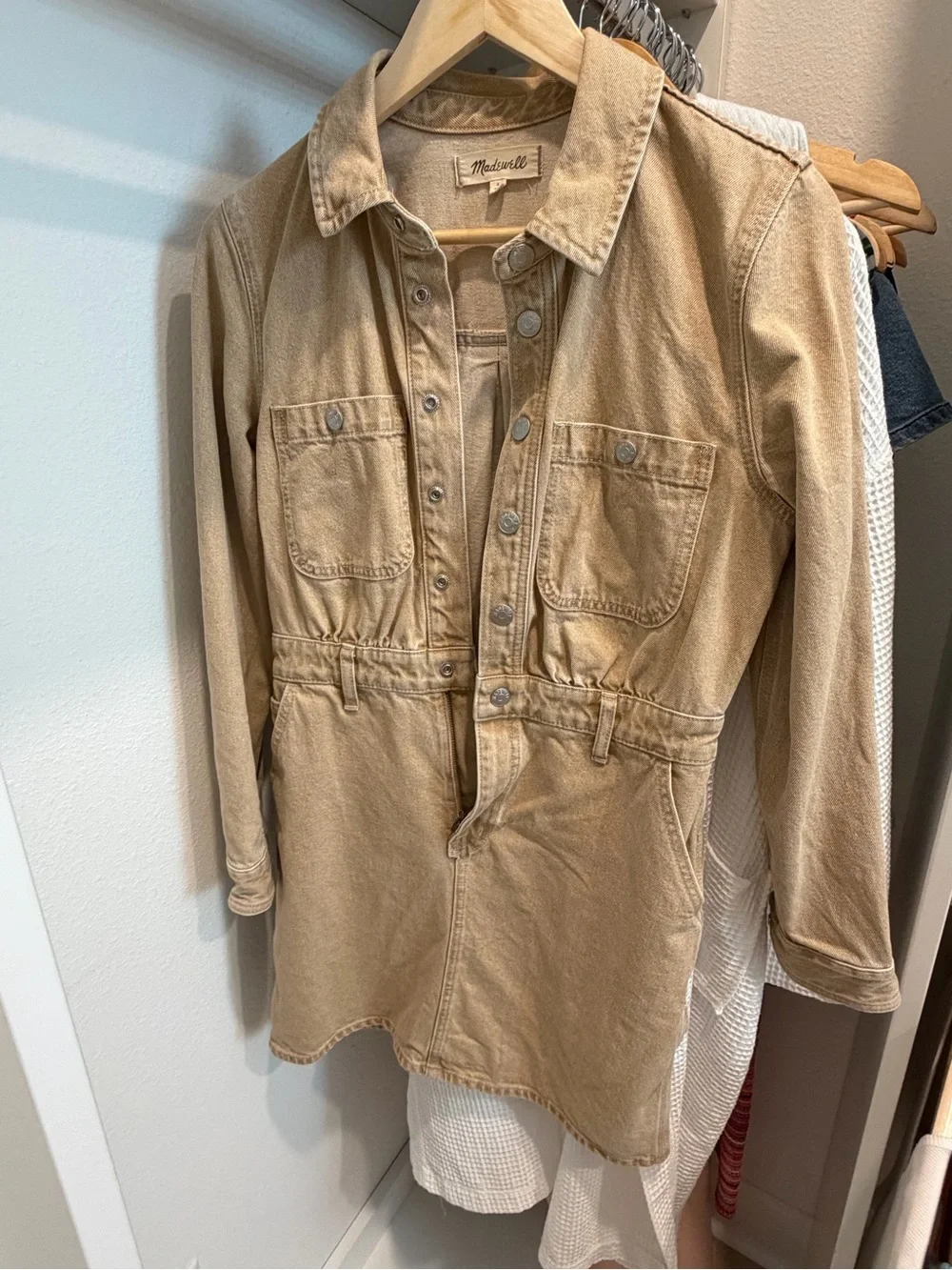 Madewell Tan Button-Front Utility Jacket Dress